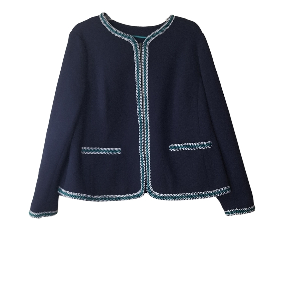 Talbots Braided Trim Full Zip Jacket Navy Blue Teal White Knit Blazer Size 16WP